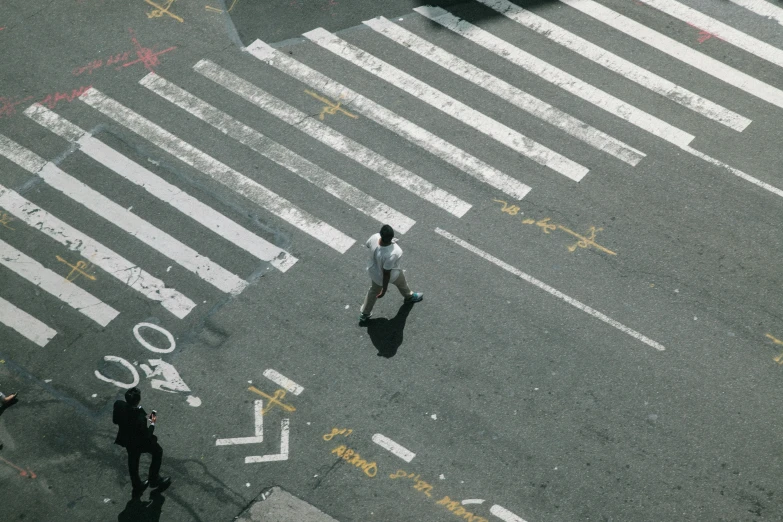 an overhead s of an individual crossing the street