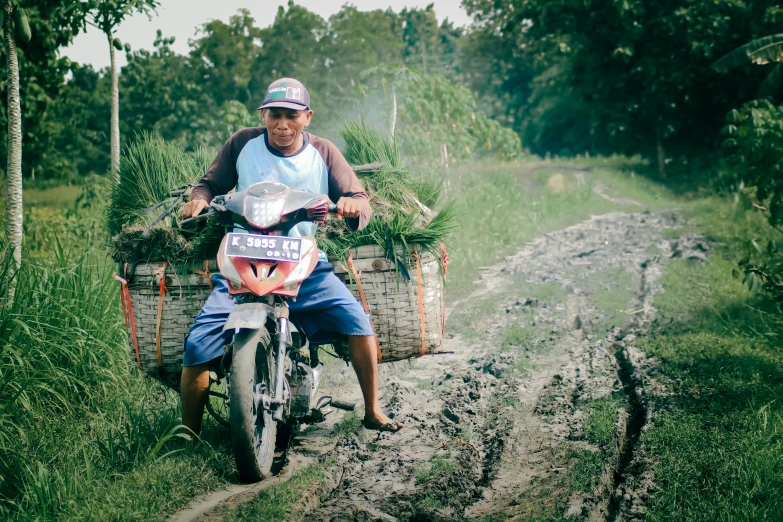 a man on a dirt bike that is sitting on some grass