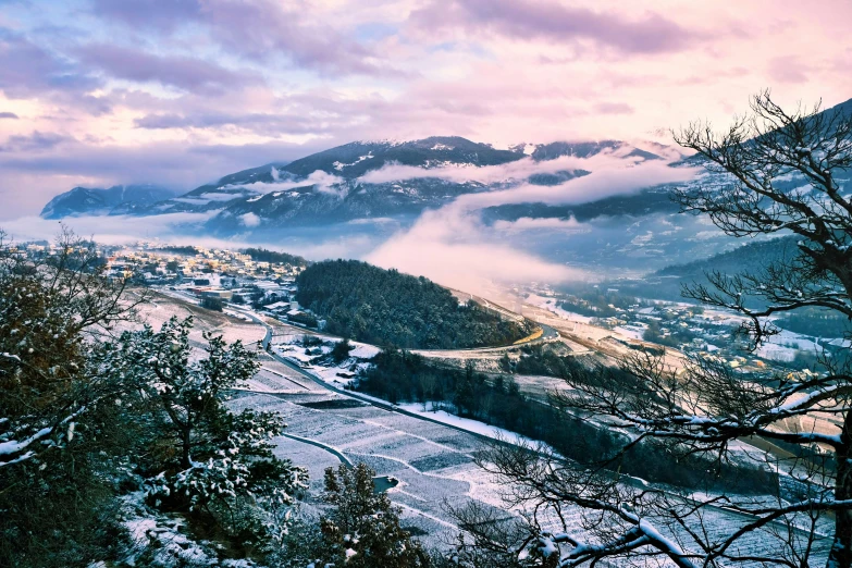 the view of a valley is seen in this picture