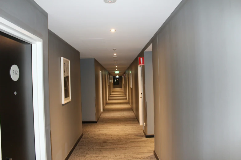 a narrow hallway with light and carpeting all along the walls