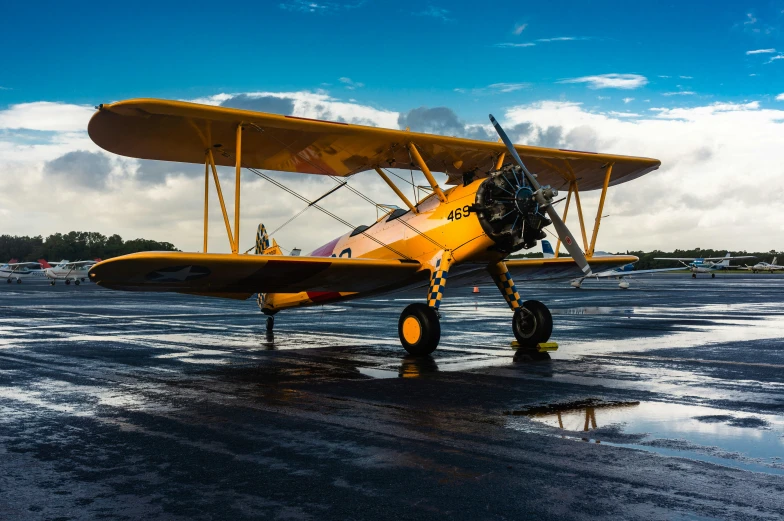 yellow plane on wet ground under cloudy sky