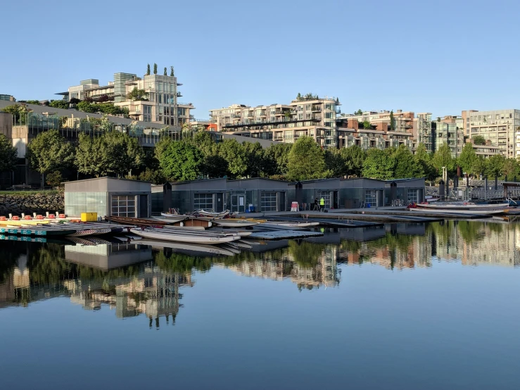 some buildings in the distance and a lake with boats in it