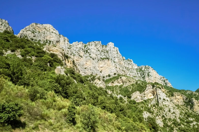 a mountain side on a clear day with green grass