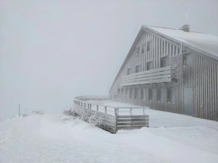 a snowy day in front of an old building