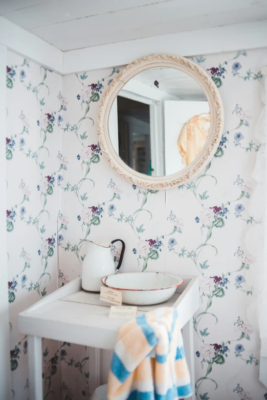 a bowl is on a table with a mirror