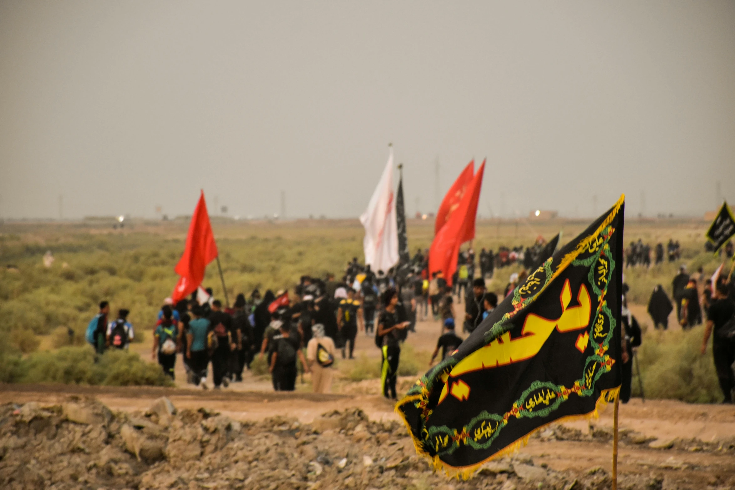 people walking through a field with flags on the side of a road