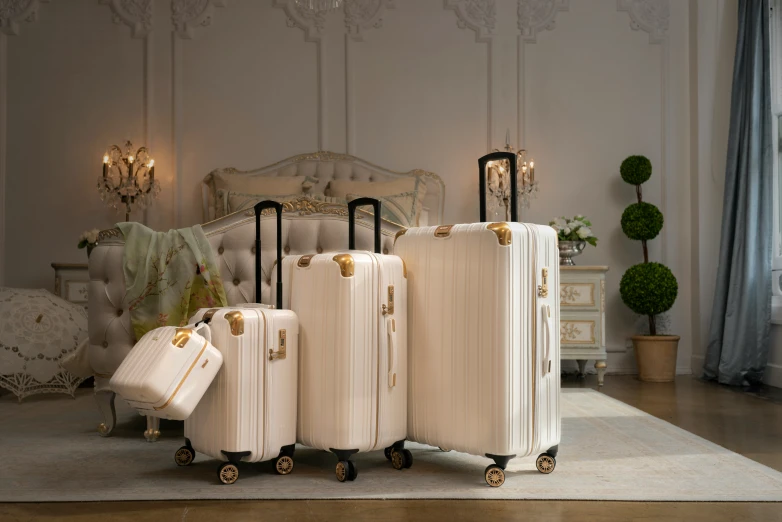 three suitcases lined up with luggage next to them