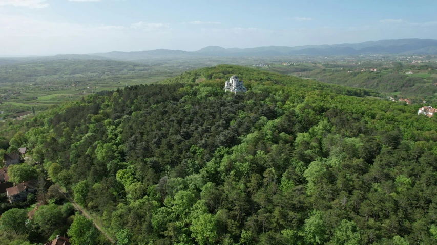 a hill in a wooded area with several houses