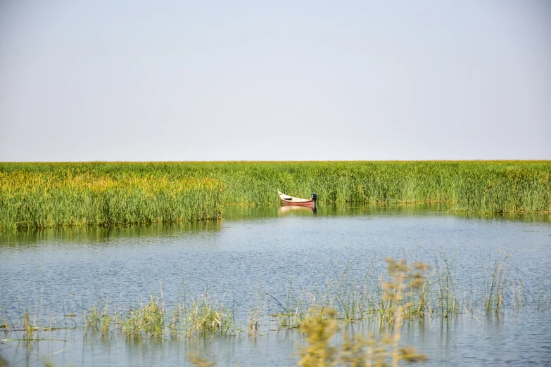 a small boat floating in a body of water