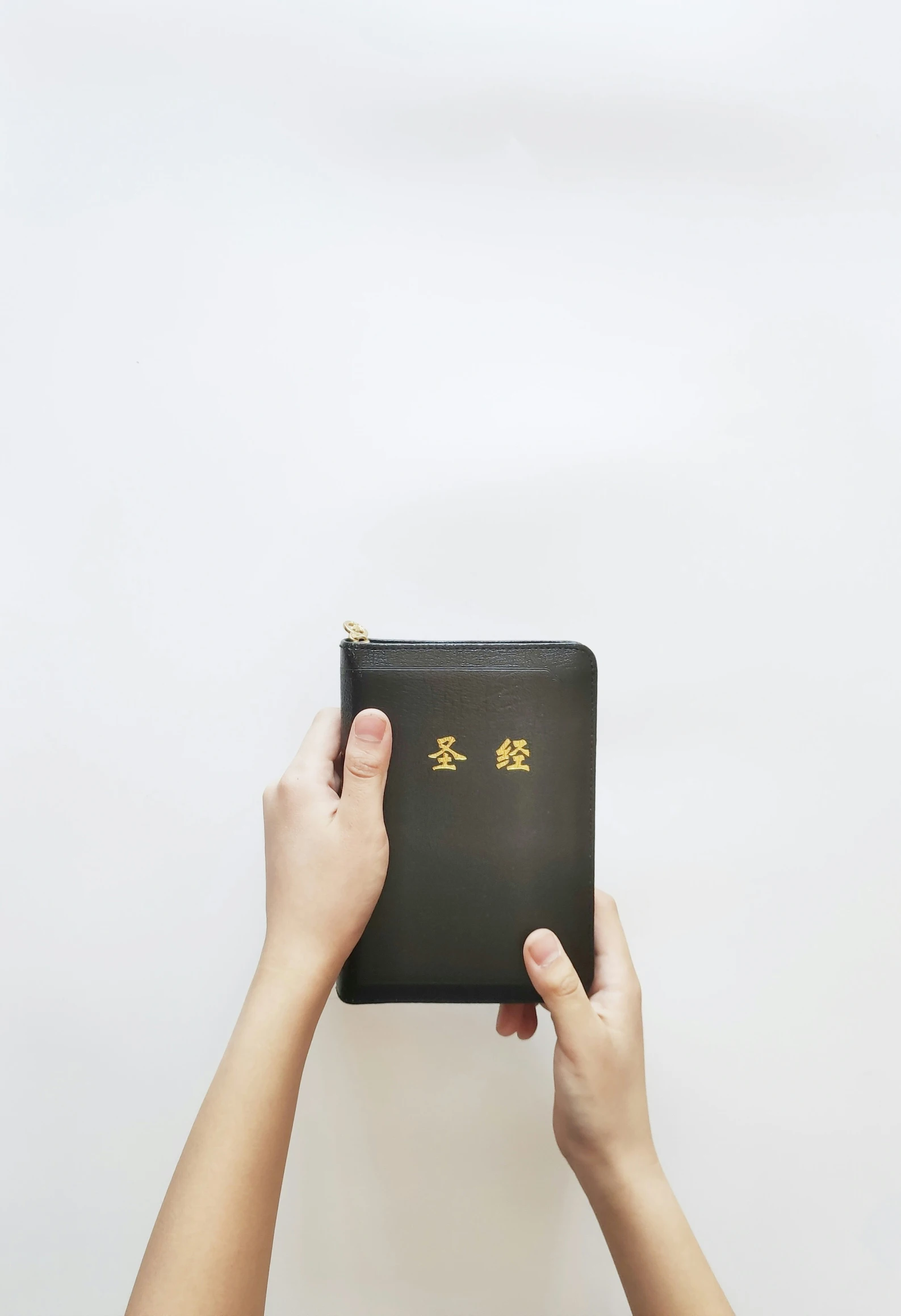 a black zipped wallet with two gold symbols