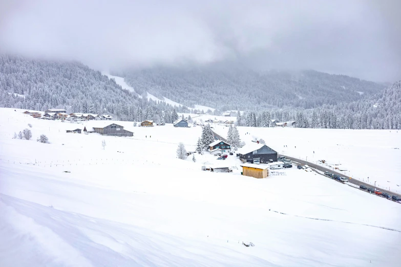 a snowy field with cabins in the middle and a forest in the background