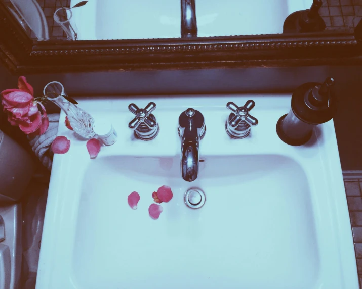the bathroom sink has roses on the bottom of it
