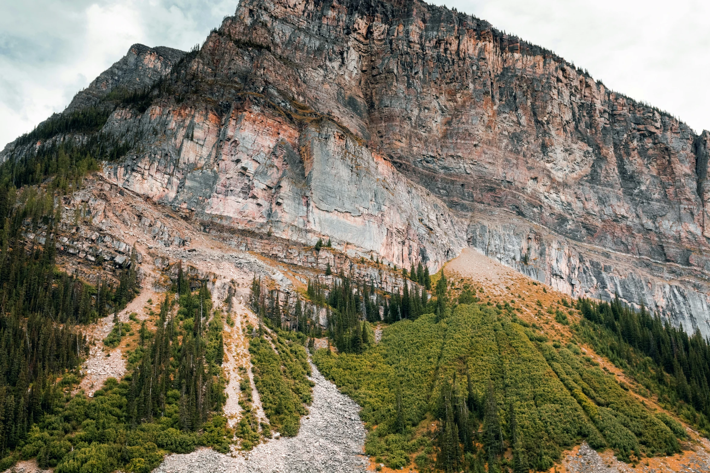 a mountain with trees, rocks, and a stream of water running up the side of it