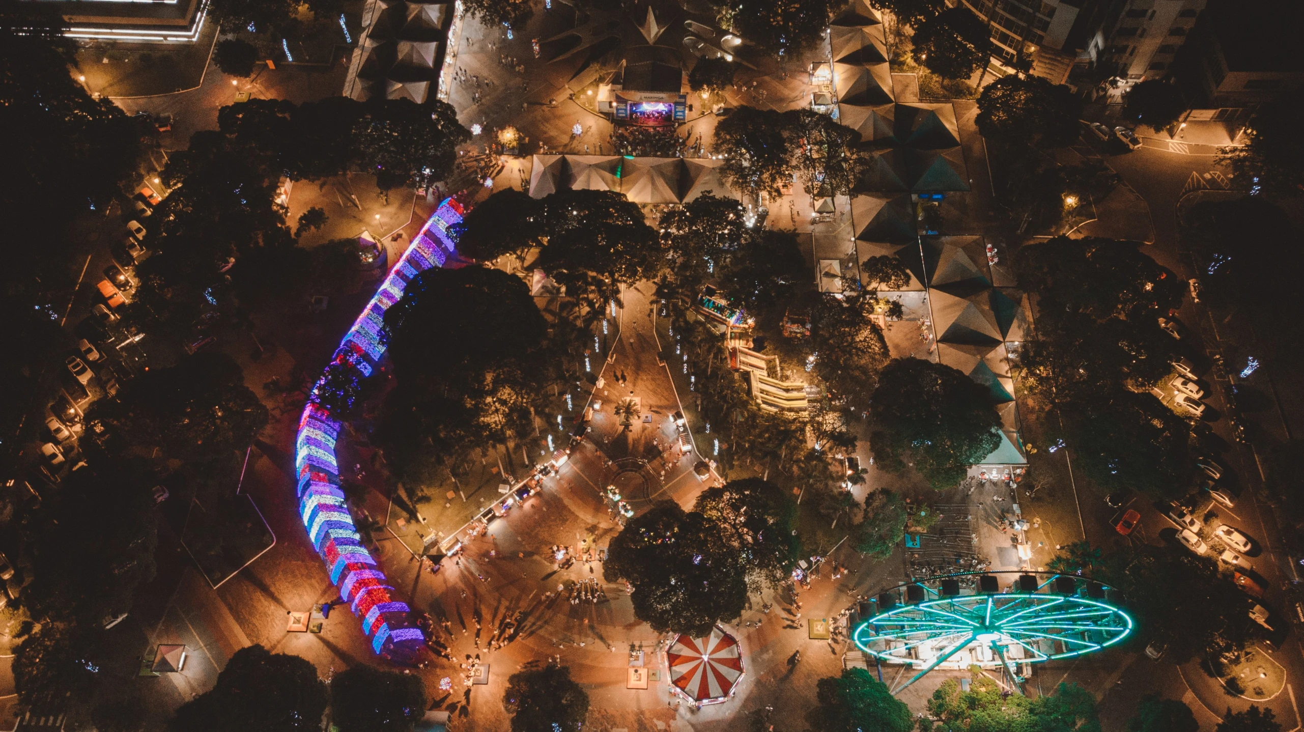 an aerial view of a city at night time