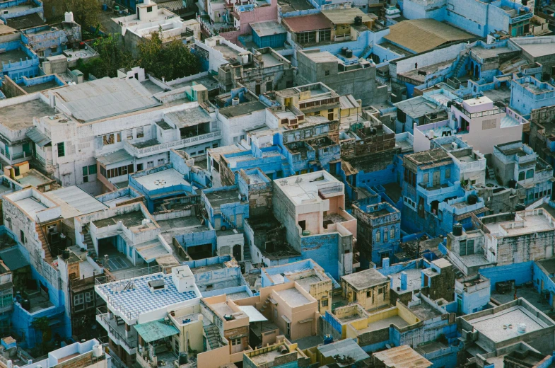 a view of a city from above, including several buildings