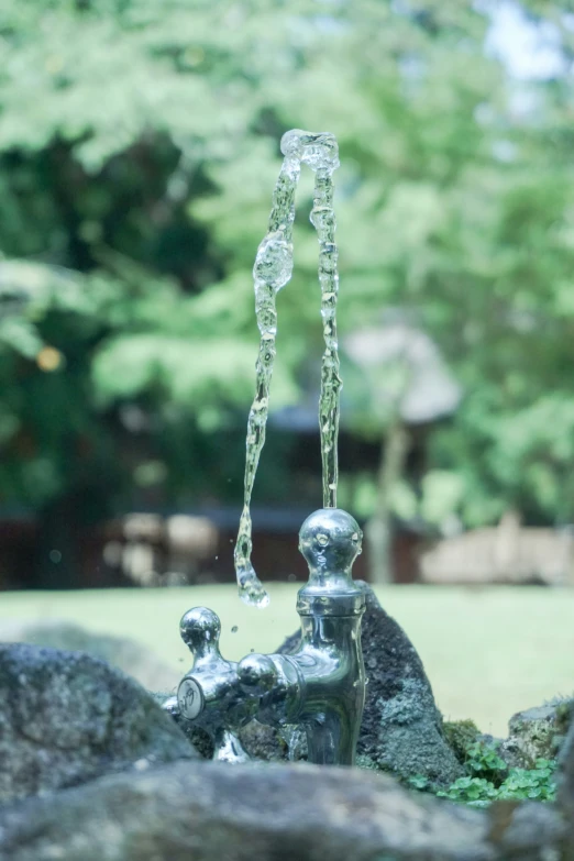 a close up of a faucet on a rock outside