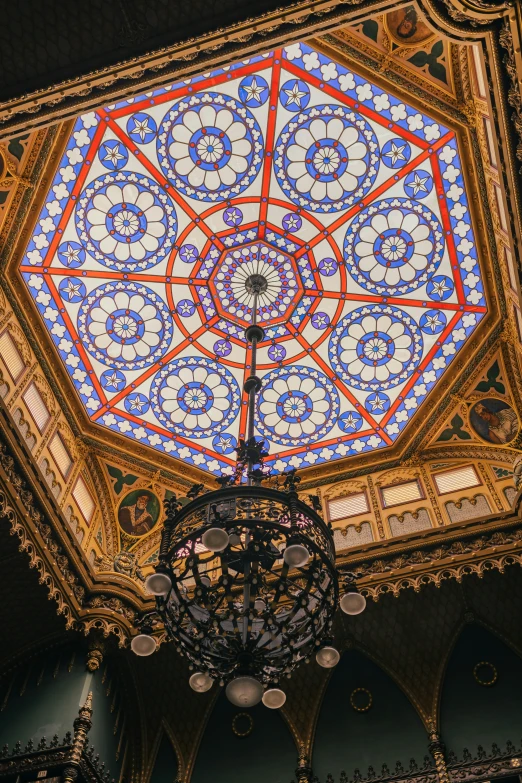 an intricate, round, glassed ceiling in a building