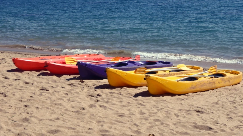 a group of four canoes lined up in the sand