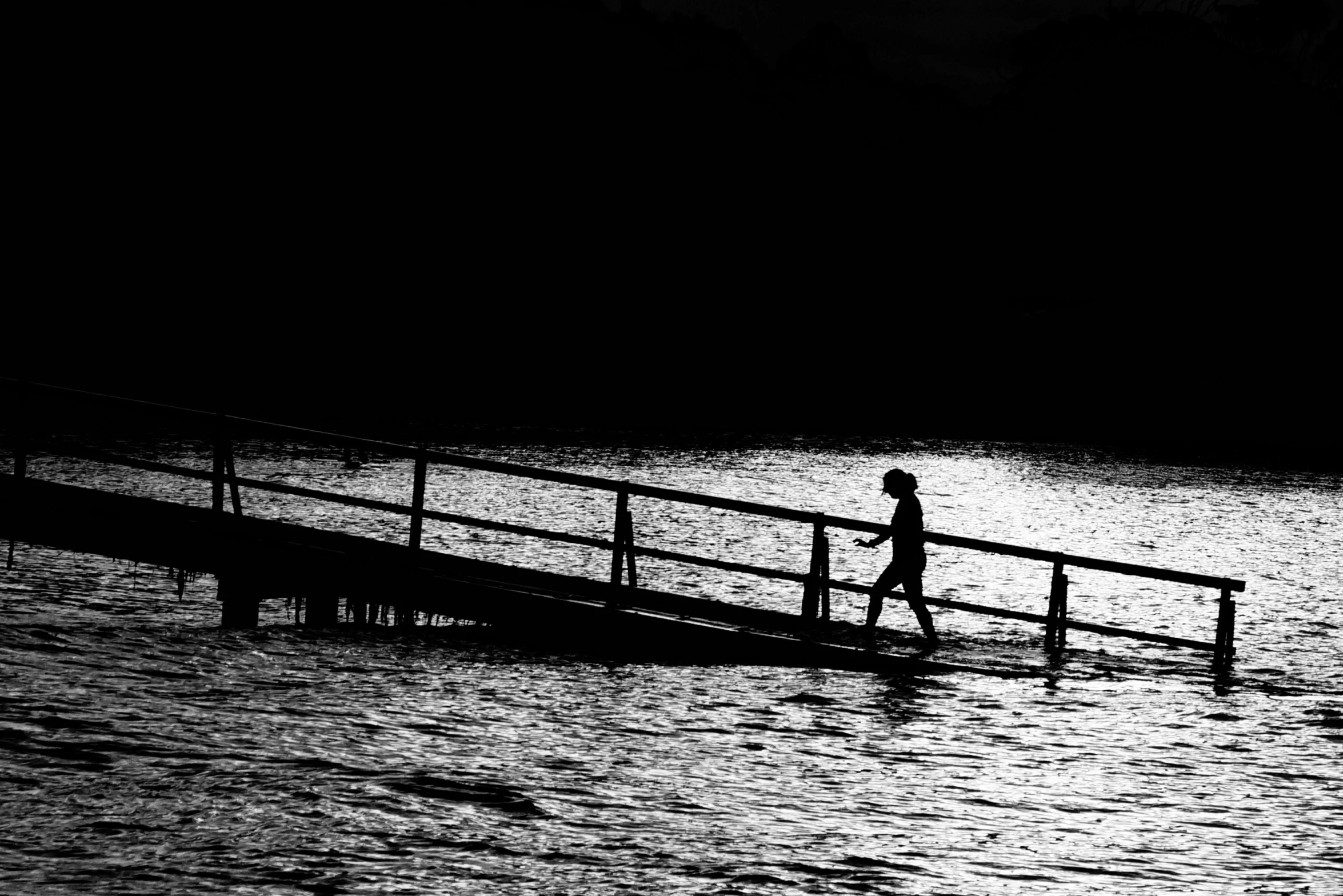 a person walks over a bridge in the water