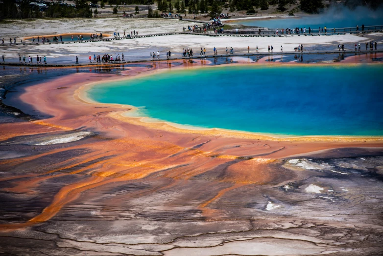 an aerial s of blue lakes, red and yellow waters