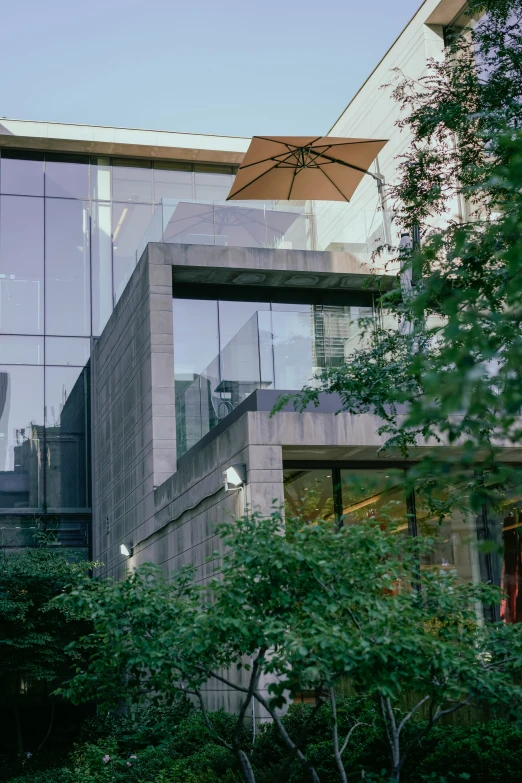 an umbrella sits outside the large windowed building