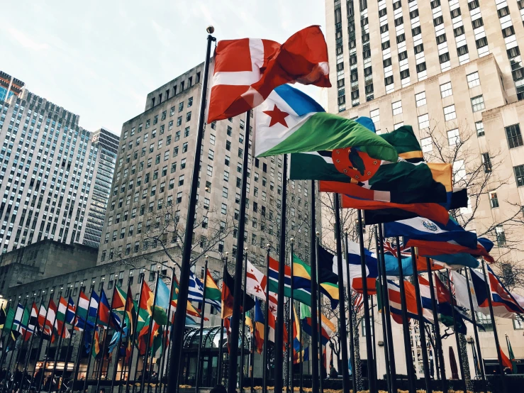 lots of flags lined up together on the street