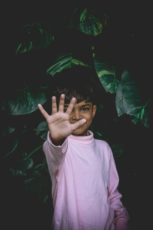 a little boy standing in front of a plant making the hand stop sign