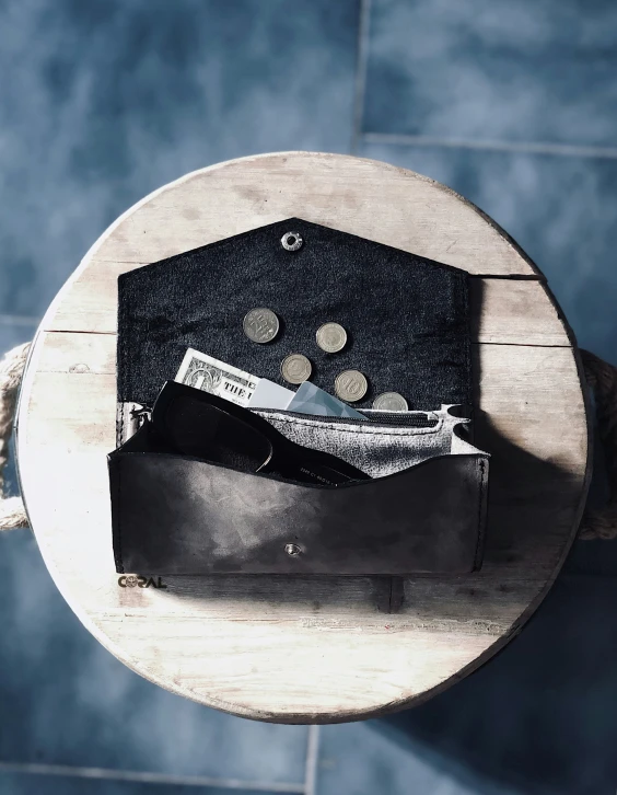 an open suitcase sitting on top of a wooden table