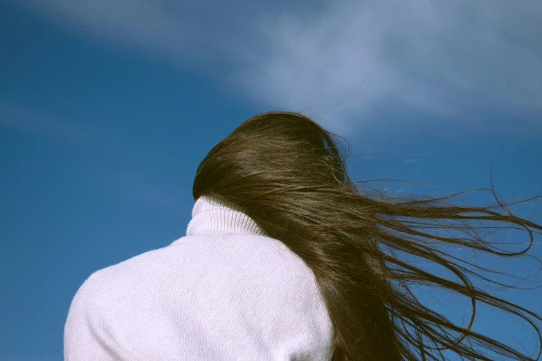 a woman with her long brown hair blowing in the wind