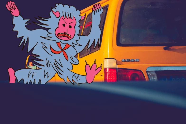 an animated illustration of a monkey on a vehicle with arms outstretched