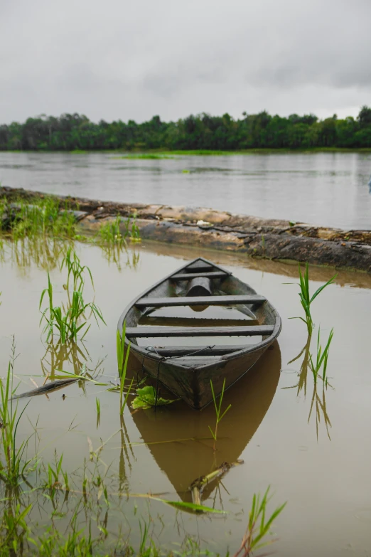 a row boat in the water at a lake