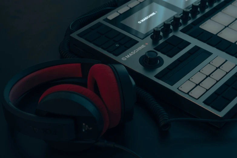 headphones and a keyboard on a desk