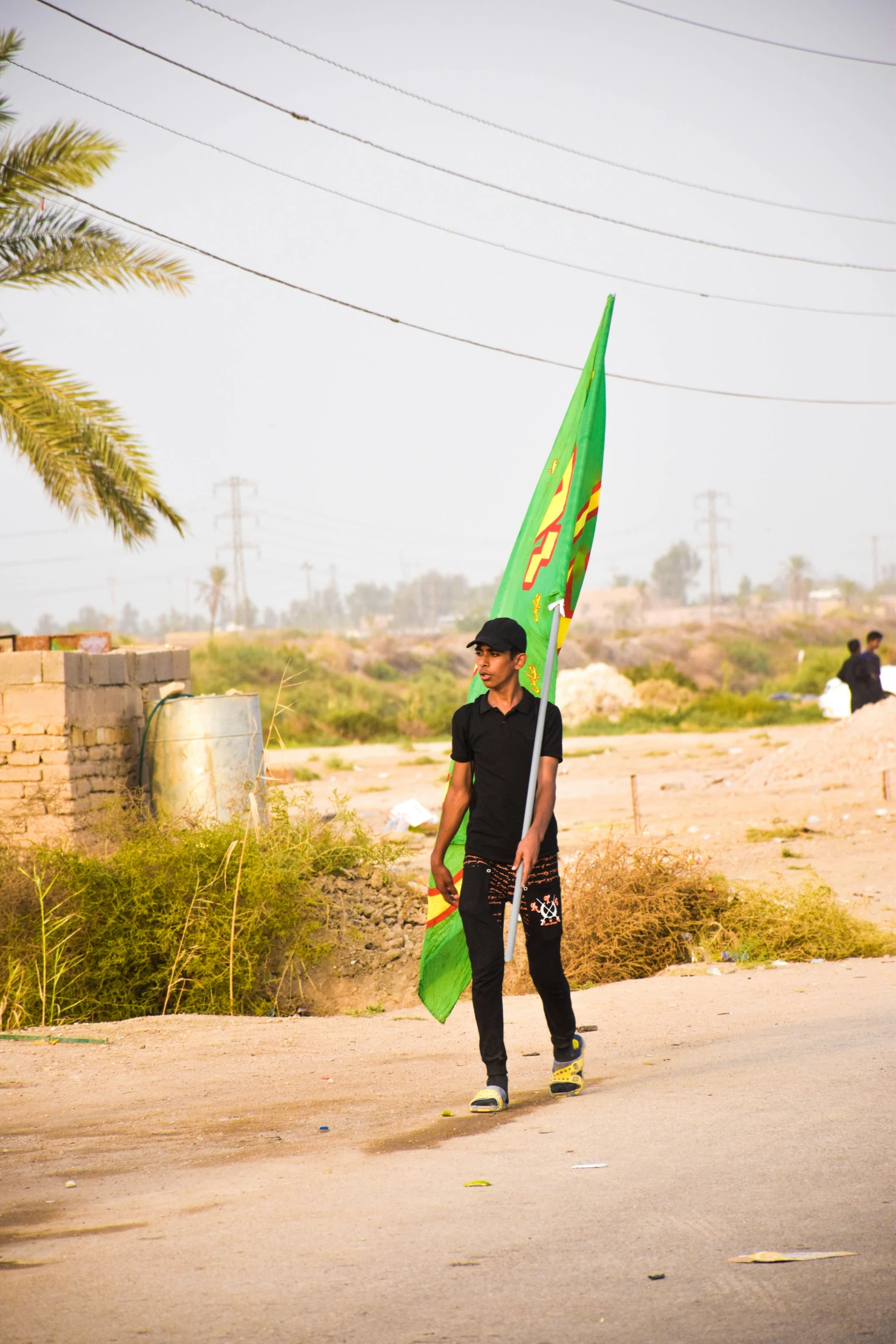 a man carrying a green flag walking down the street