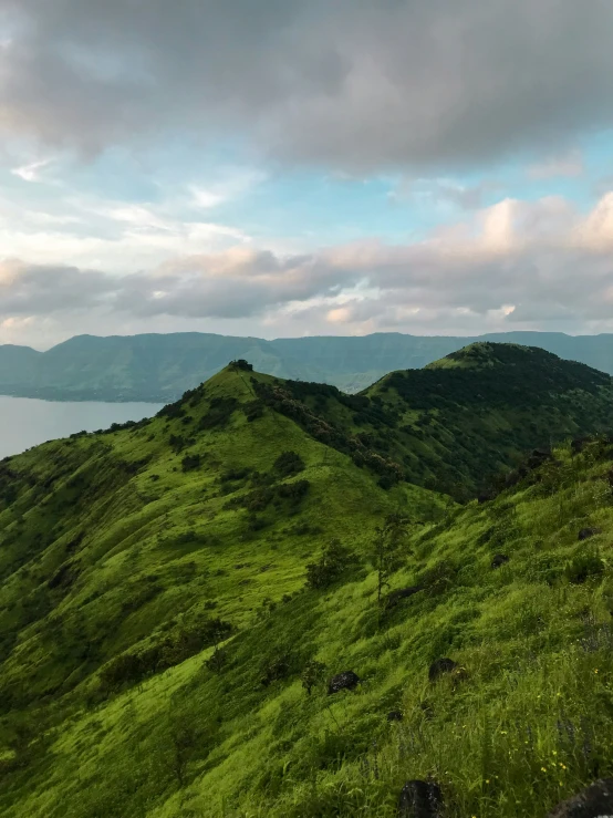 green mountains with grassy areas in the middle