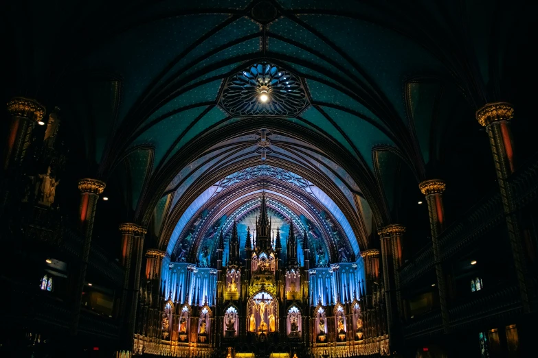 the inside of a large cathedral with many different windows