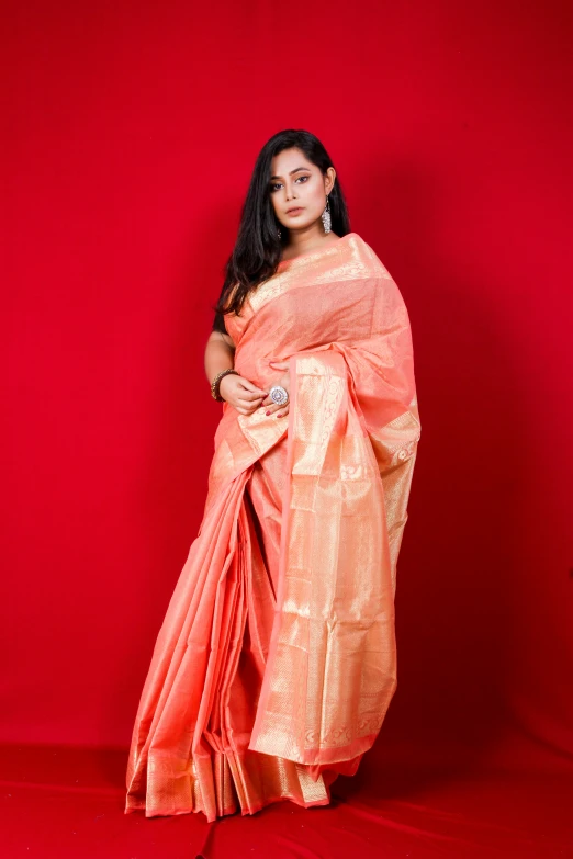 a woman is posing for a picture wearing a gold and orange sari