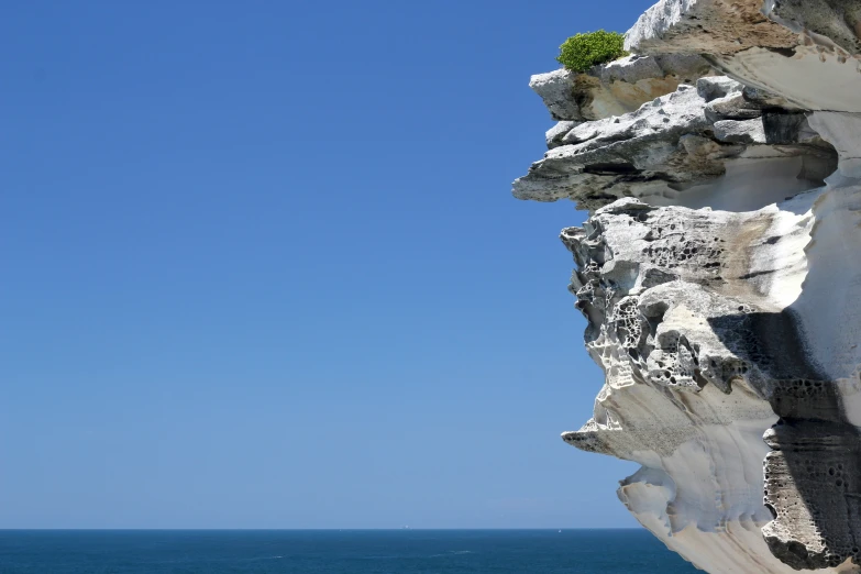 the large cliff with a lone tree on top is next to the ocean