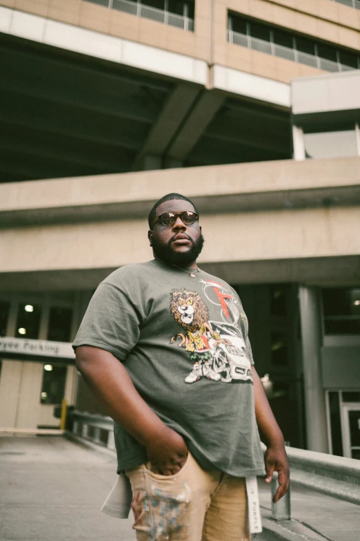 a man with a beard and glasses standing by a building