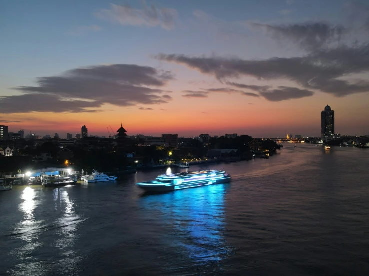 a large boat is out on the water