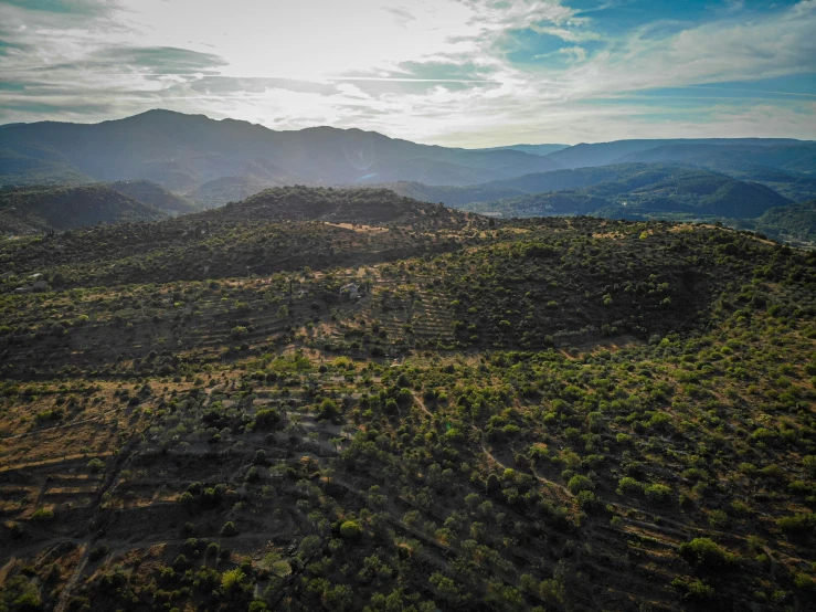 the mountains are covered with scrub brush on an overcast day