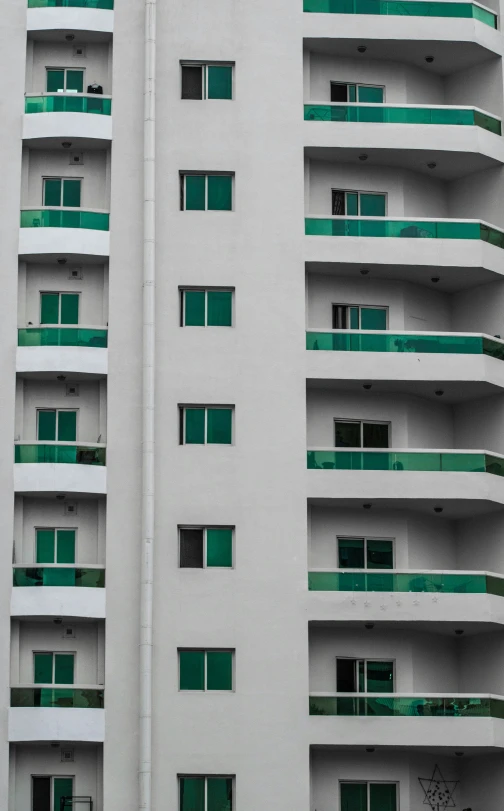 the tall building has windows with green balconies