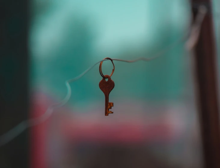 a key sitting on top of a piece of wood