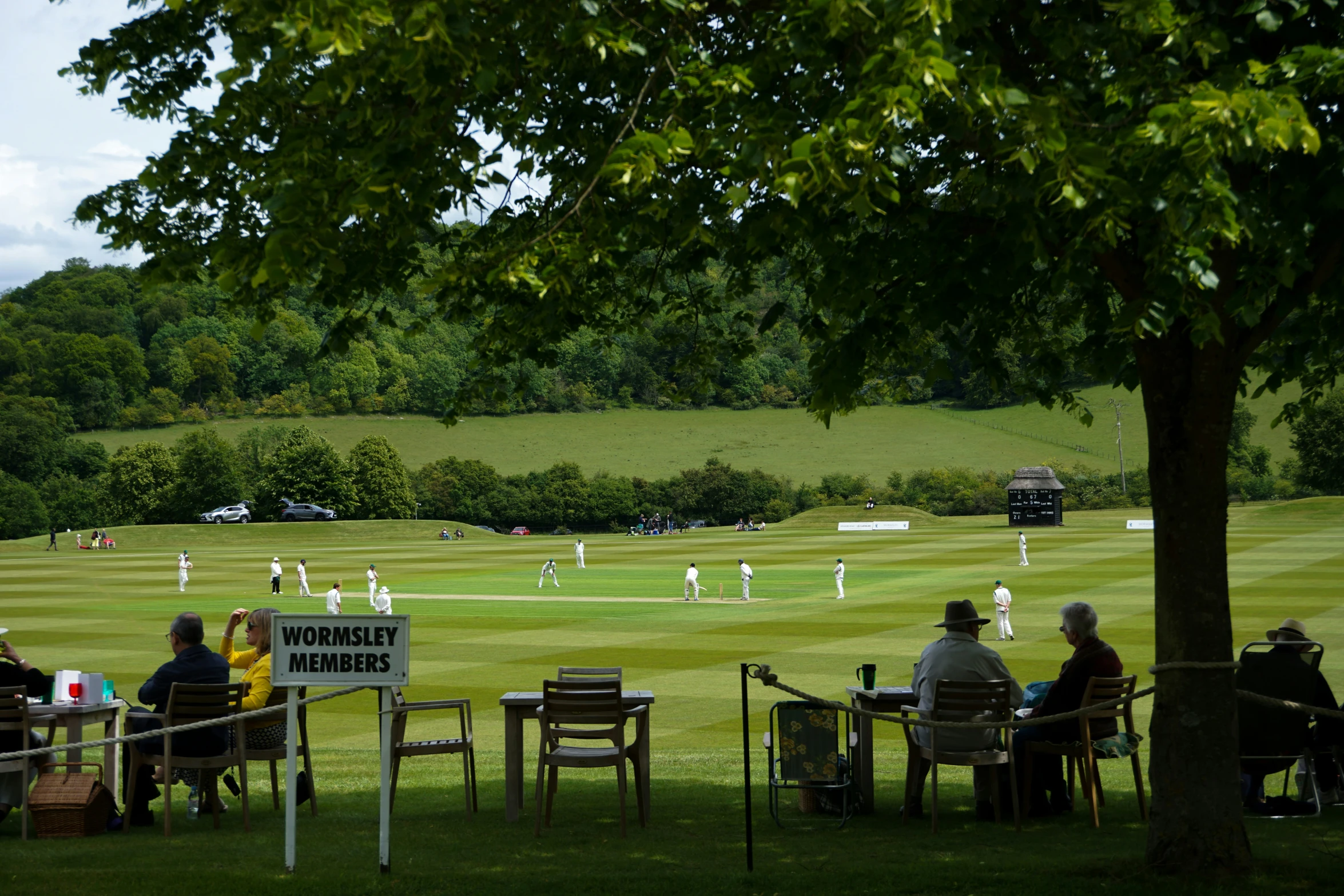a cricket match with people sitting around eating and watching