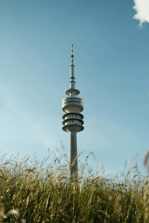 the top of a tall tower with green grass below