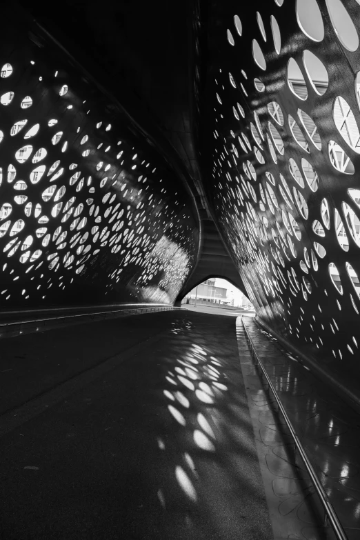 the walkways lead into the tunnel with circles on them