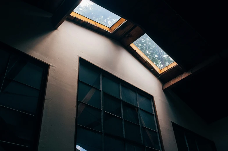 skylight coming in from a high ceiling between two windows