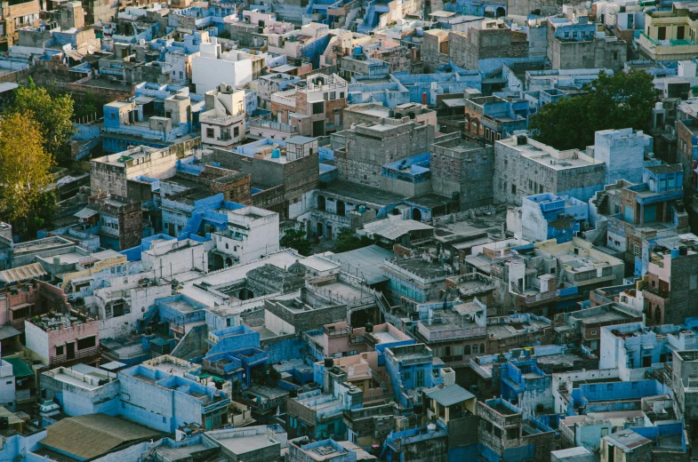 a colorful view of some buildings in the city