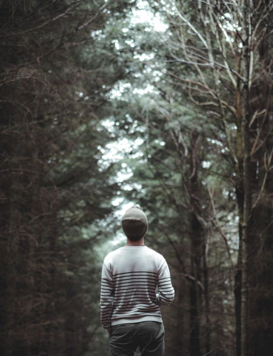 a person walking down the road in the woods