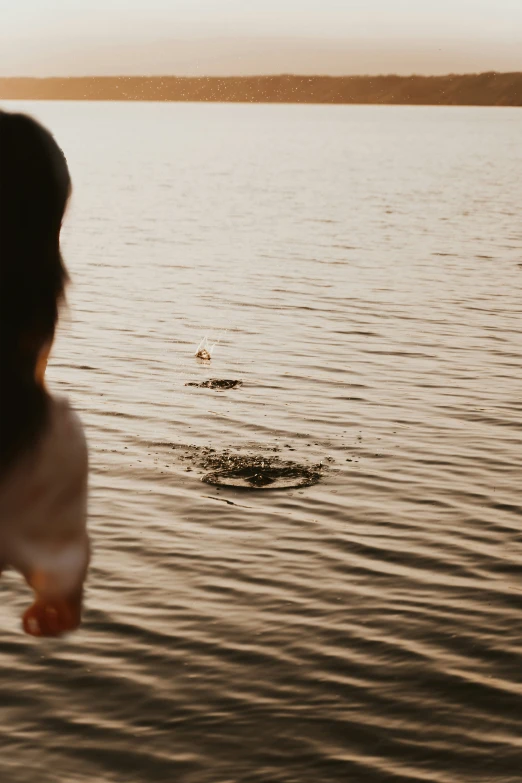 a lady watching a bird fly in the lake