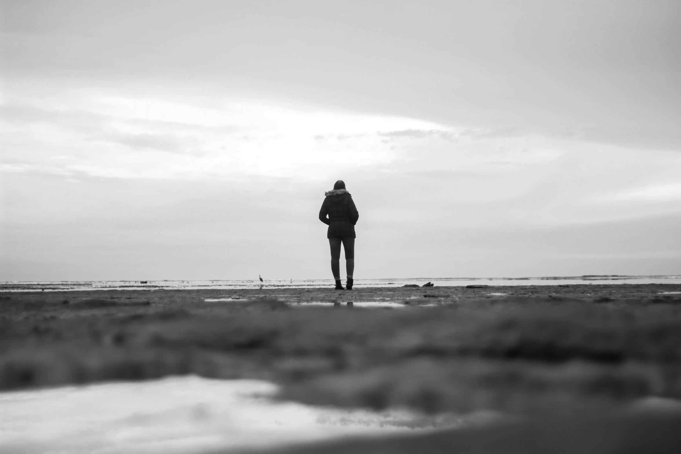 black and white pograph of a man standing alone on beach